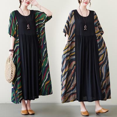 Real Shot Summer New Literary Retro Fat Mm Printing Contrasting Color Short-sleeved Dress Women