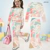 Girls Printed Round Neck Long Sleeve Top Flared Pants Two Piece Set