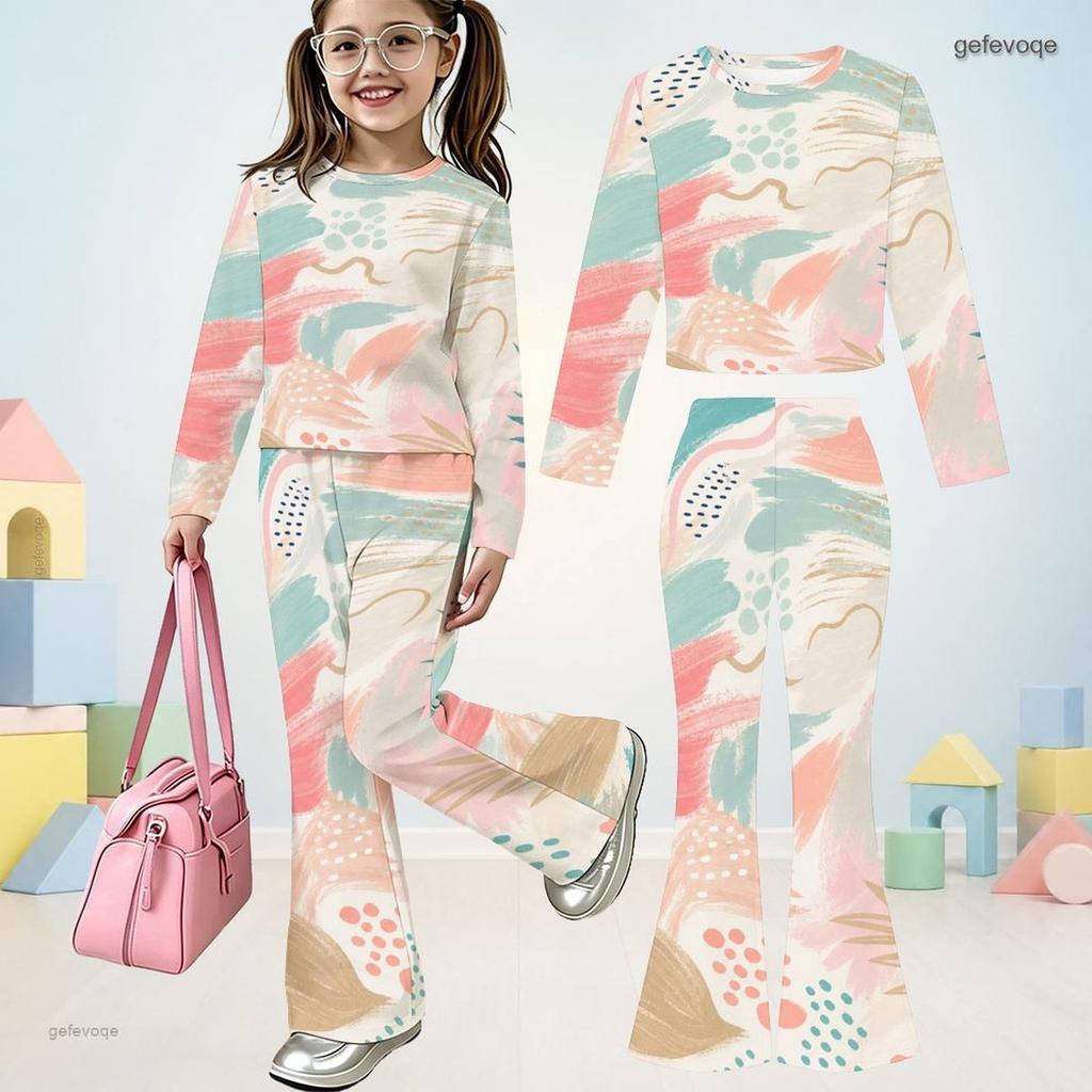 Girls Printed Round Neck Long Sleeve Top Flared Pants Two Piece Set
