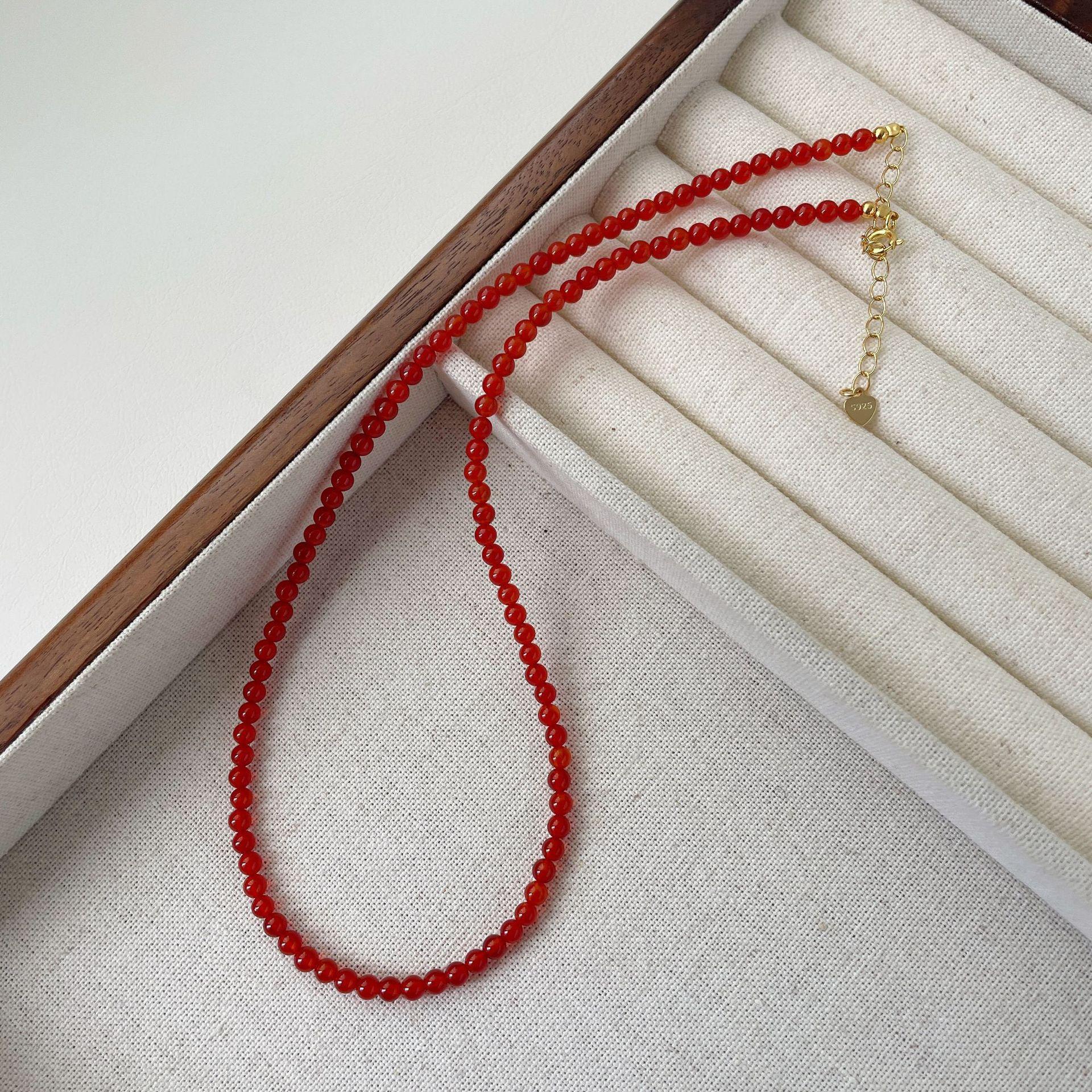 

Fever blogger same round ball agate necklace female S925 silver retro beaded collarbone chain 925 silver