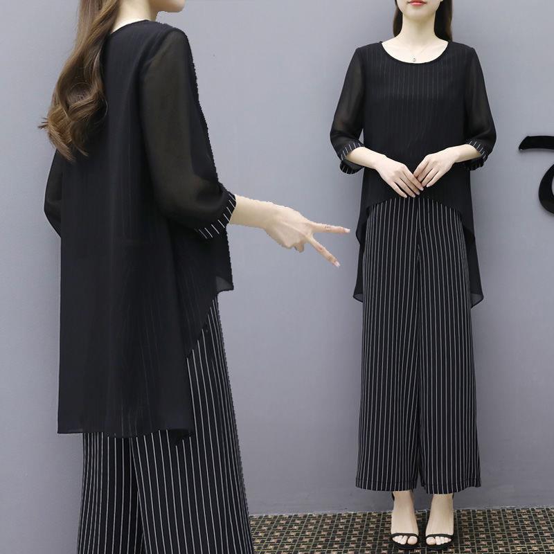 Traje Cubre Vientre Estilo Occidental Dos Piezas Pantalones Pierna Ancha Mujer Talla Grande Gordo Holgado Adelgazante Top de Gasa Verano