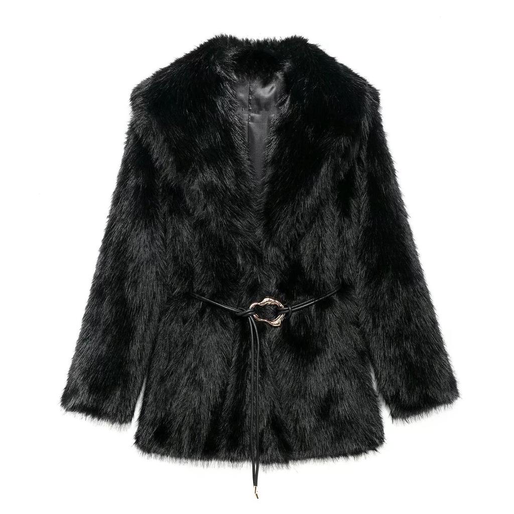 Women's Belt Decoration Collar Solid Color Medium Long Coat Autumn/Winter Long Sleeve Loose Coat