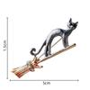 Silvery Tone Witch Cat on Broomstick Brooch - Gothic Halloween Safety Pin Charm Jewelry for Women