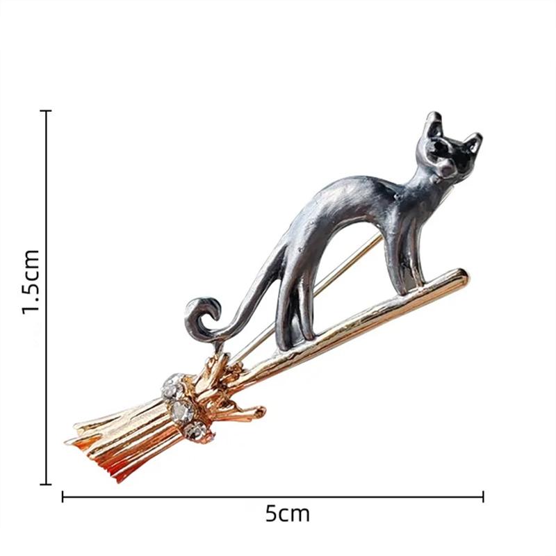 Silvery Tone Witch Cat on Broomstick Brooch - Gothic Halloween Safety Pin Charm Jewelry for Women