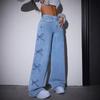 Pantaloni di Jeans da Donna Jeans con Stampa Fiocco Vita Alta Lavati Usurati Gamba Dritta Pantaloni Lunghi Vintage Streetwear Pantaloni a Gamba Larga
