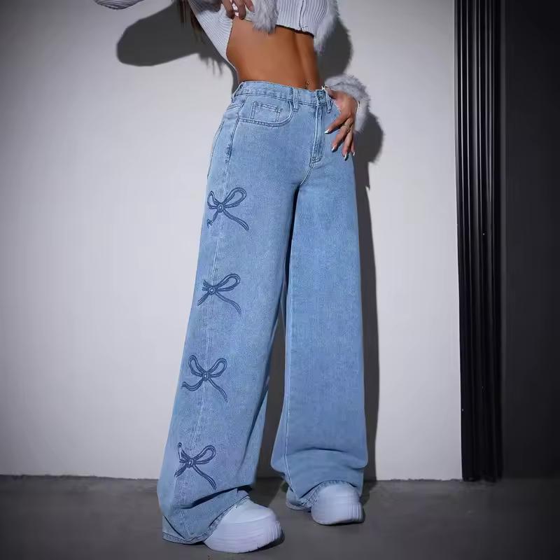 Pantaloni di Jeans da Donna Jeans con Stampa Fiocco Vita Alta Lavati Usurati Gamba Dritta Pantaloni Lunghi Vintage Streetwear Pantaloni a Gamba Larga