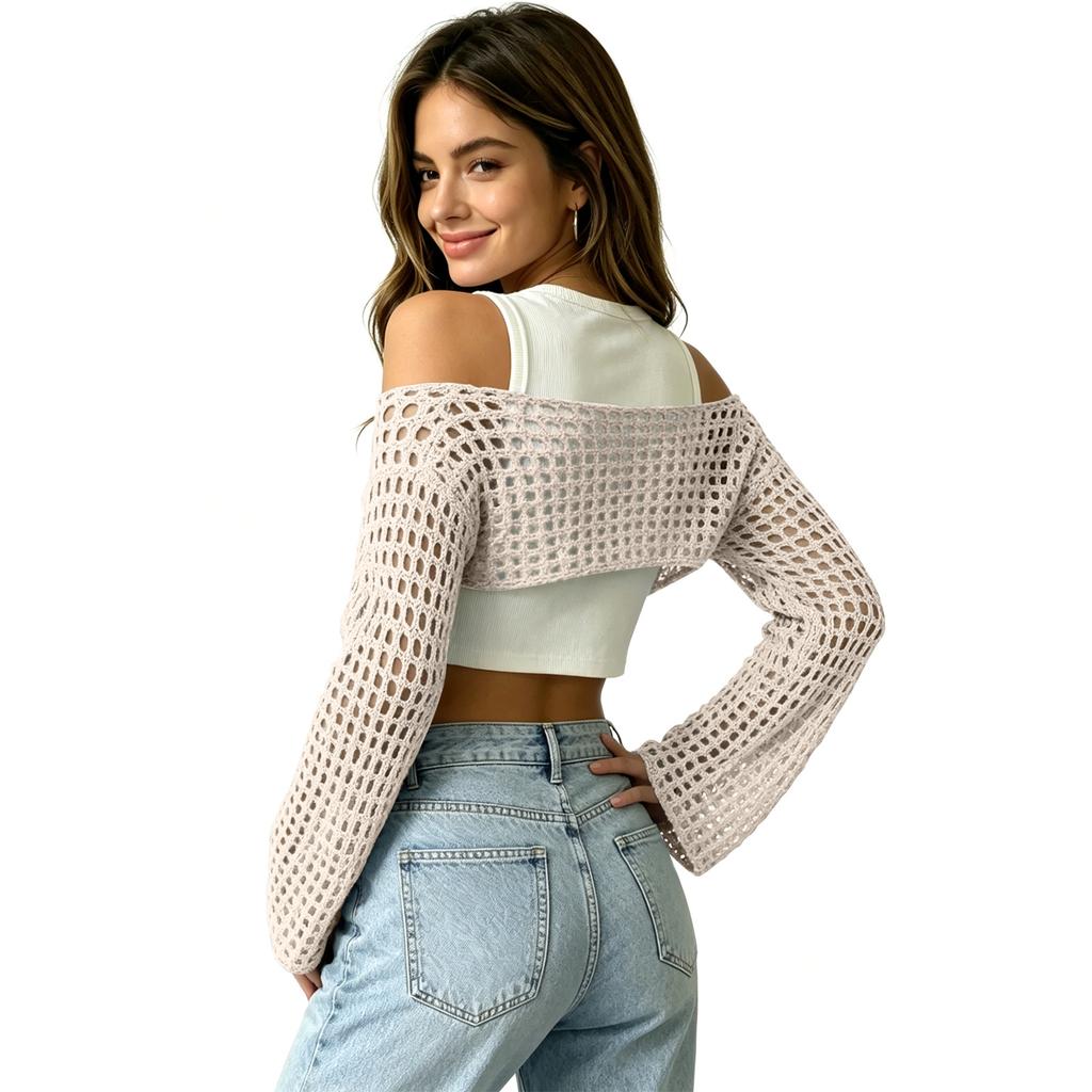 Women's Sunscreen Hollow Long Sleeve Backless Bikini Beach Dress Knit Sweater Cover-Up