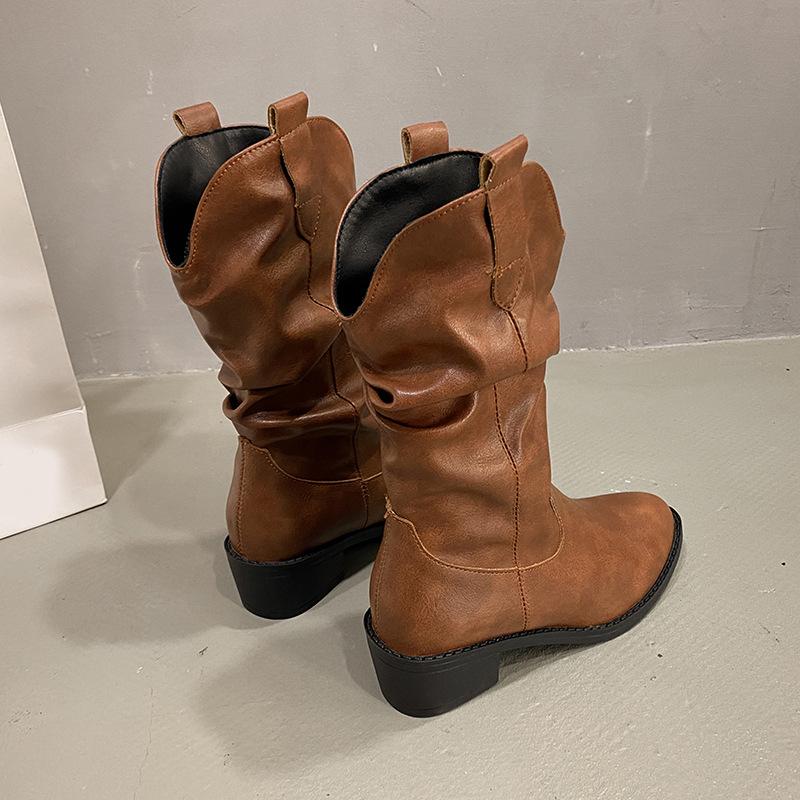 Pleated pile boots women's 2024 winter new thick heel thick sole pointed western boots fashion temperament fashion boots