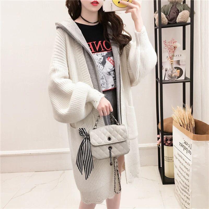 Autumn and Winter Women's Sweater Jacket Female Mid-length Colorblocking Hooded False Two-piece Knitted Cardigan Female Comfortable Versatile