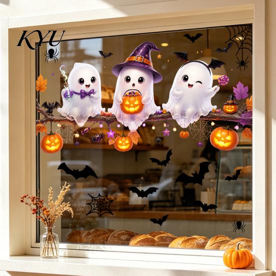 Halloween Window Decals Ghost Glass Sticker, Cartoon Static Cling for Sticker Parties, Waterproof Decoration Decal Home Office Decorative Film