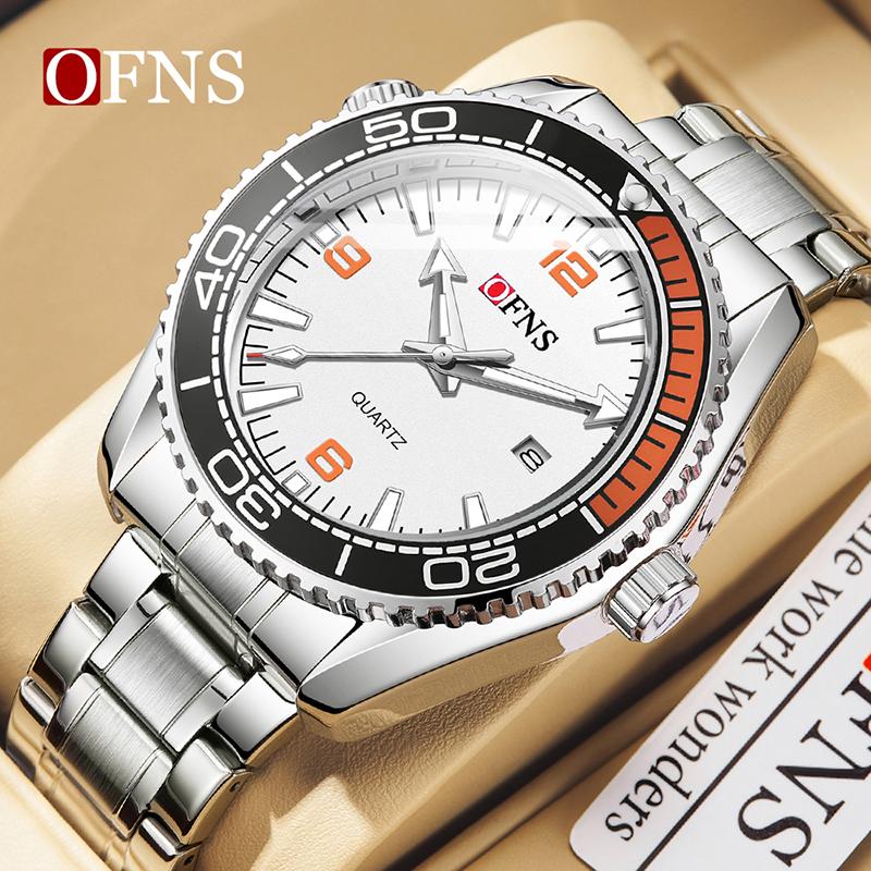 OFNS Top Brand New Man Simple Business Quartz Watch Calendar Luminous Waterproof Watch Fashion One-way Rotating Bezel Mens Watch