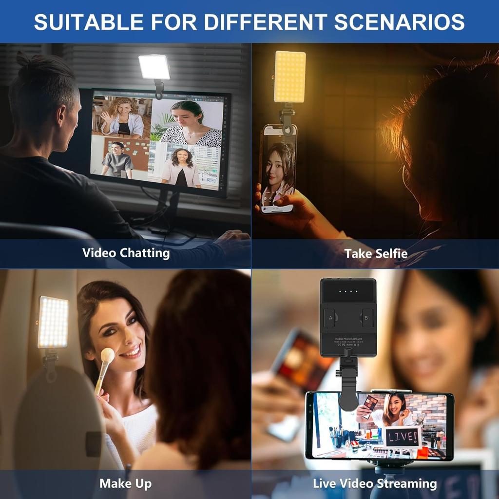 Luce per Telefono con Clip Anteriore e Posteriore, Luce Portatile 60 LED con 3 Modalità, Luce Video Ricaricabile da 5000mAh per Telefono Laptop, Trucco, Live Stream, Vlog