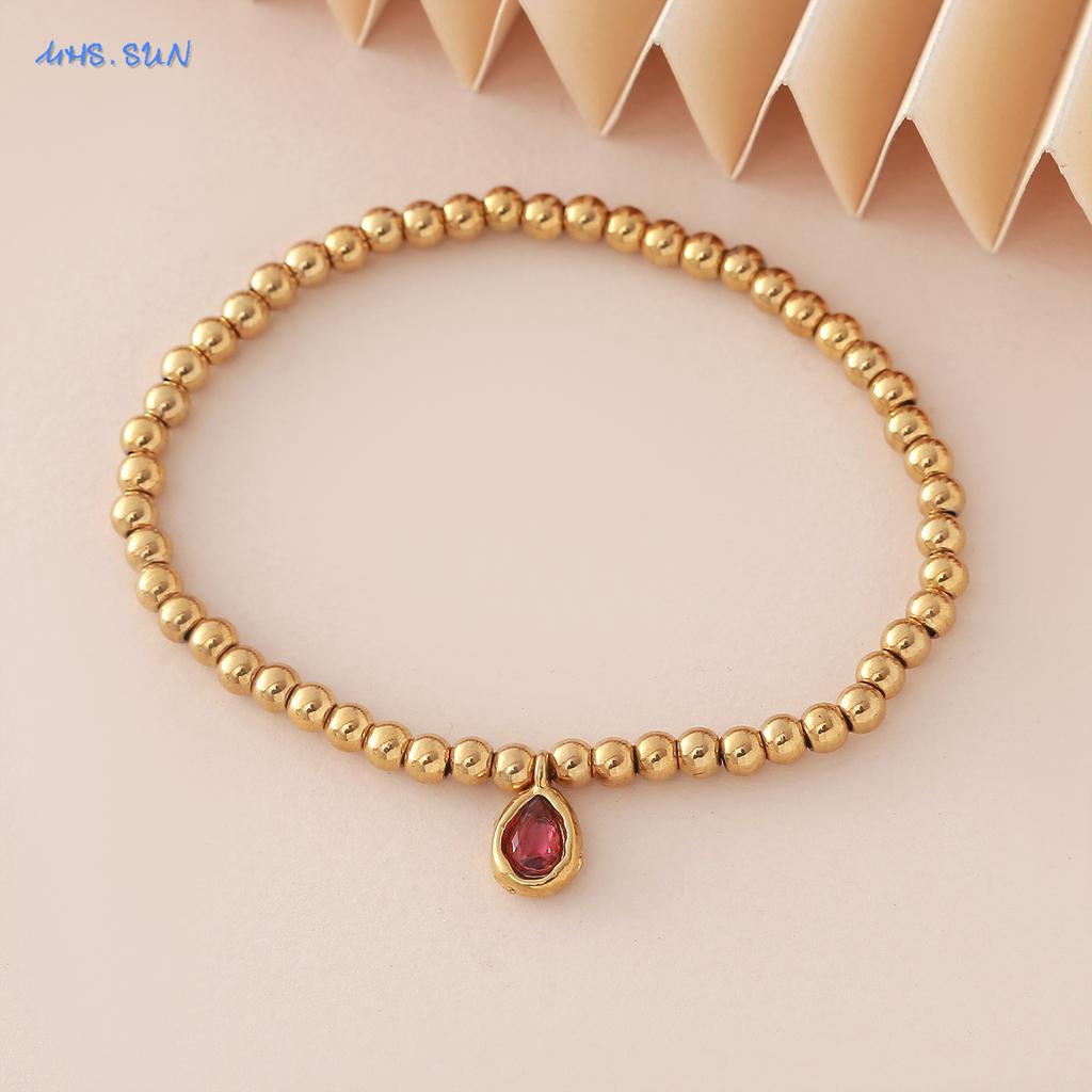 MHS.SUN Stainless Steel Gold Plated 12 Months Birthstone Beaded Bracelets For Women Men Zircon Water Droplet Charm Trend Jewelry