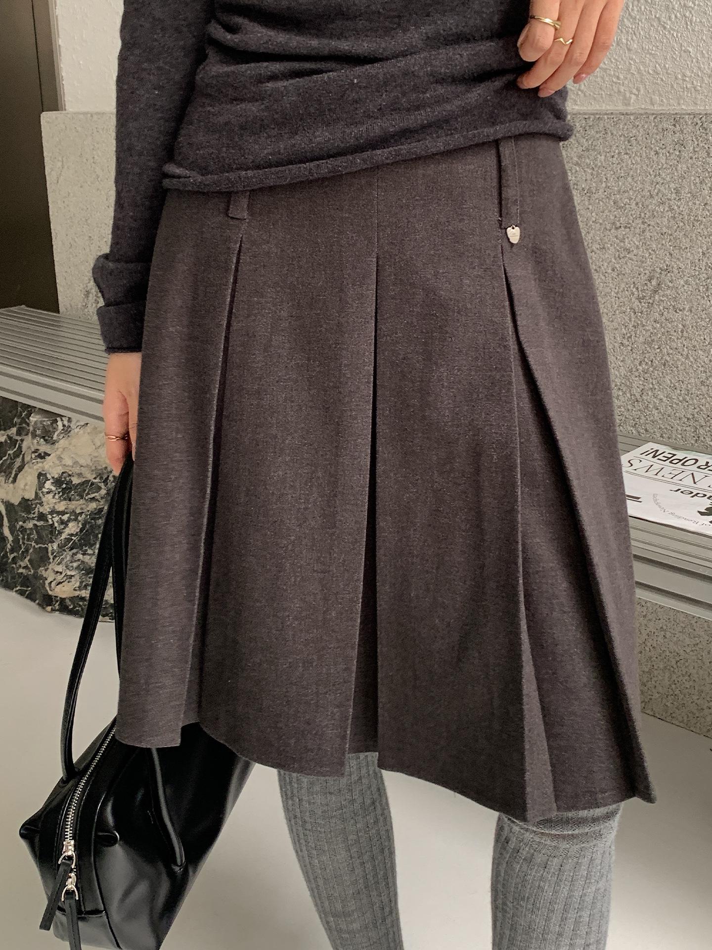 Yi Er Shan Tiana Wool High-Waisted Korean Pleated A-line Midi Skirt, Women s Solid Color M