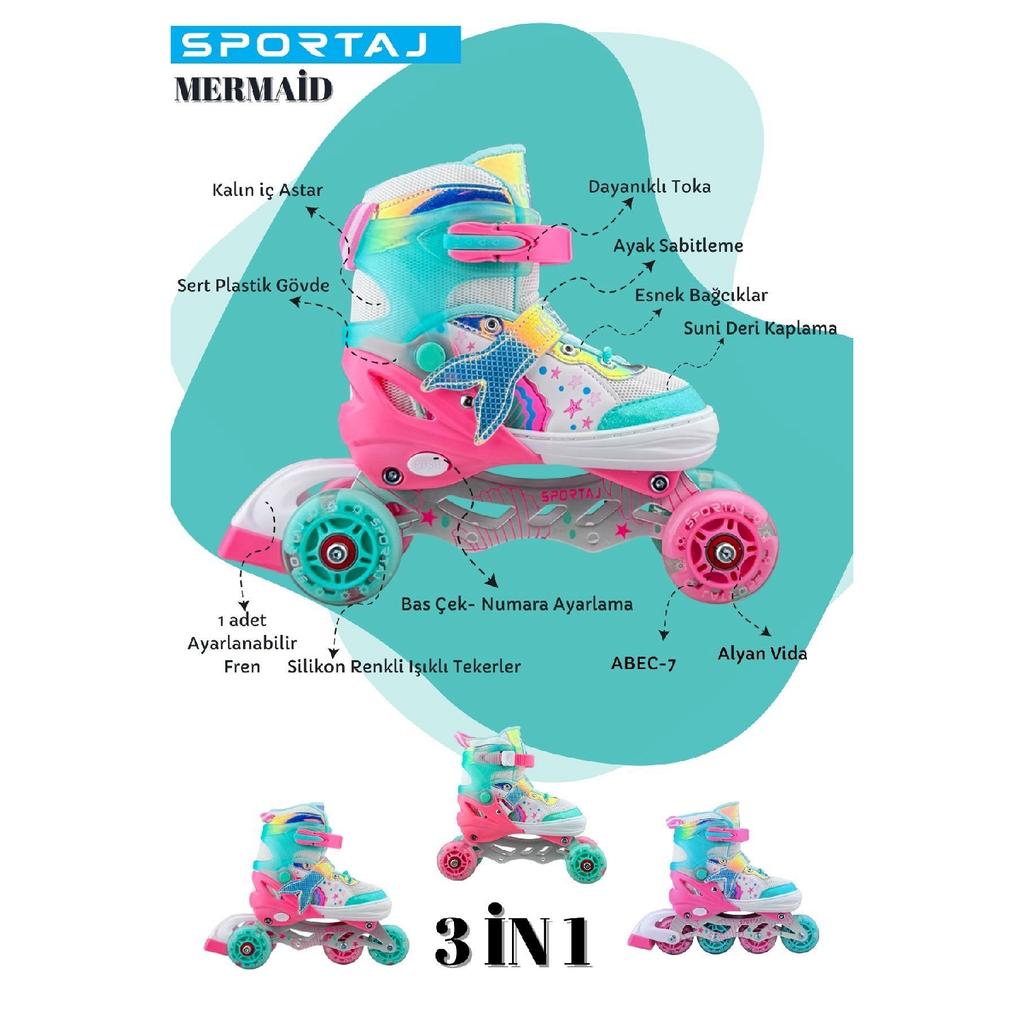 Casco de patinaje luminoso Mermaid, juego de 2 ruedas de silicona para niña, camiseta 3 en 1 con bolsa de transporte