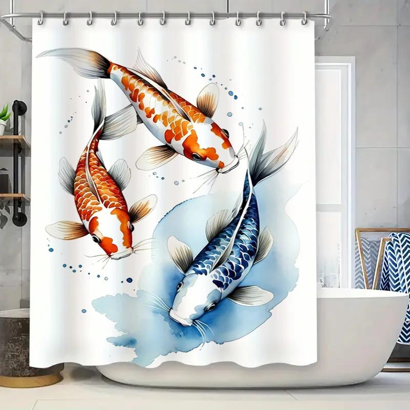 Koi Fish Shower Curtain Waterproof Fabric Decorative Print Wall Hanging for Bathroom Home Decor
