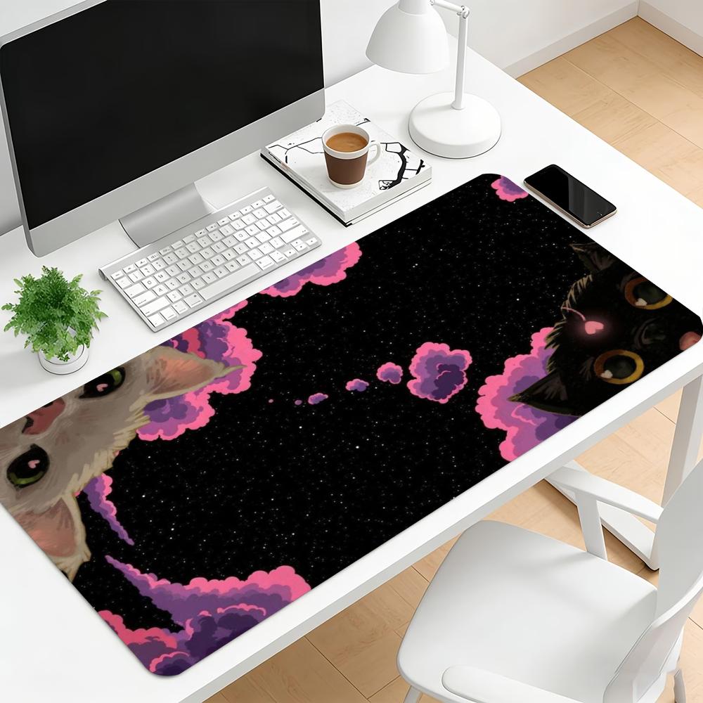 Moon Fluffy Cat Extended Gaming Mouse Pad Non Slip Rubber Keyboard Mat Stitched Edge For Pro ESports Gamers Desk Decor