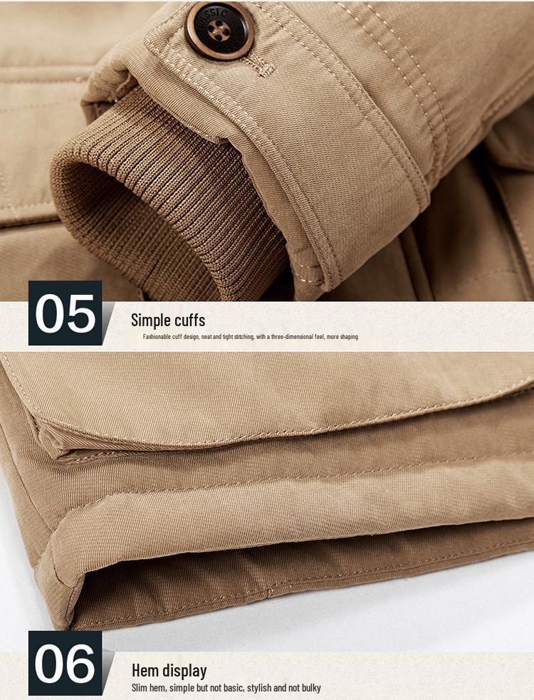 Winter 13029 Men's Mid-Length Fleece-Lined Cotton Coat, Plus Size, Multi-Pocket, for Middle-Aged & Elderly