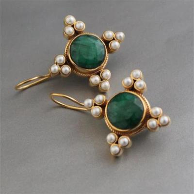 Vintage Round Inlaid with Green Stones Imitation Pearl Earrings Trendy Gold Color Creative Earrings Jewelry