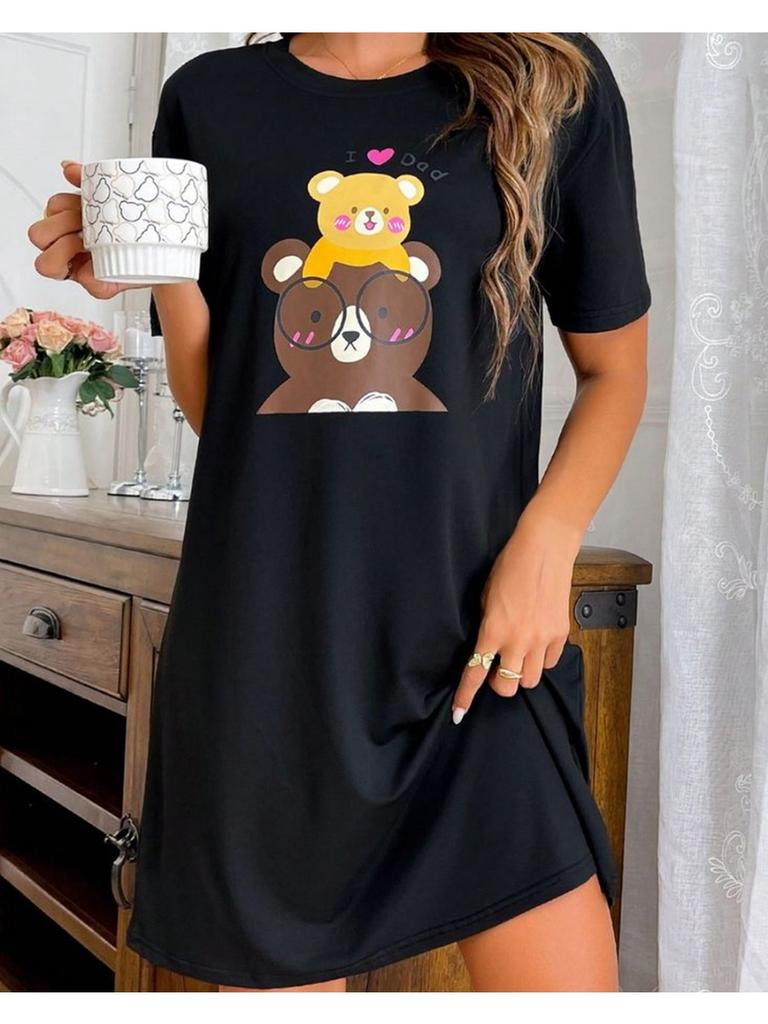 Women's Fashion Cute Bear And Letter 3D Printed Dress Home Daily Plus Size Skirt Casual Loose Short Sleeved Dress