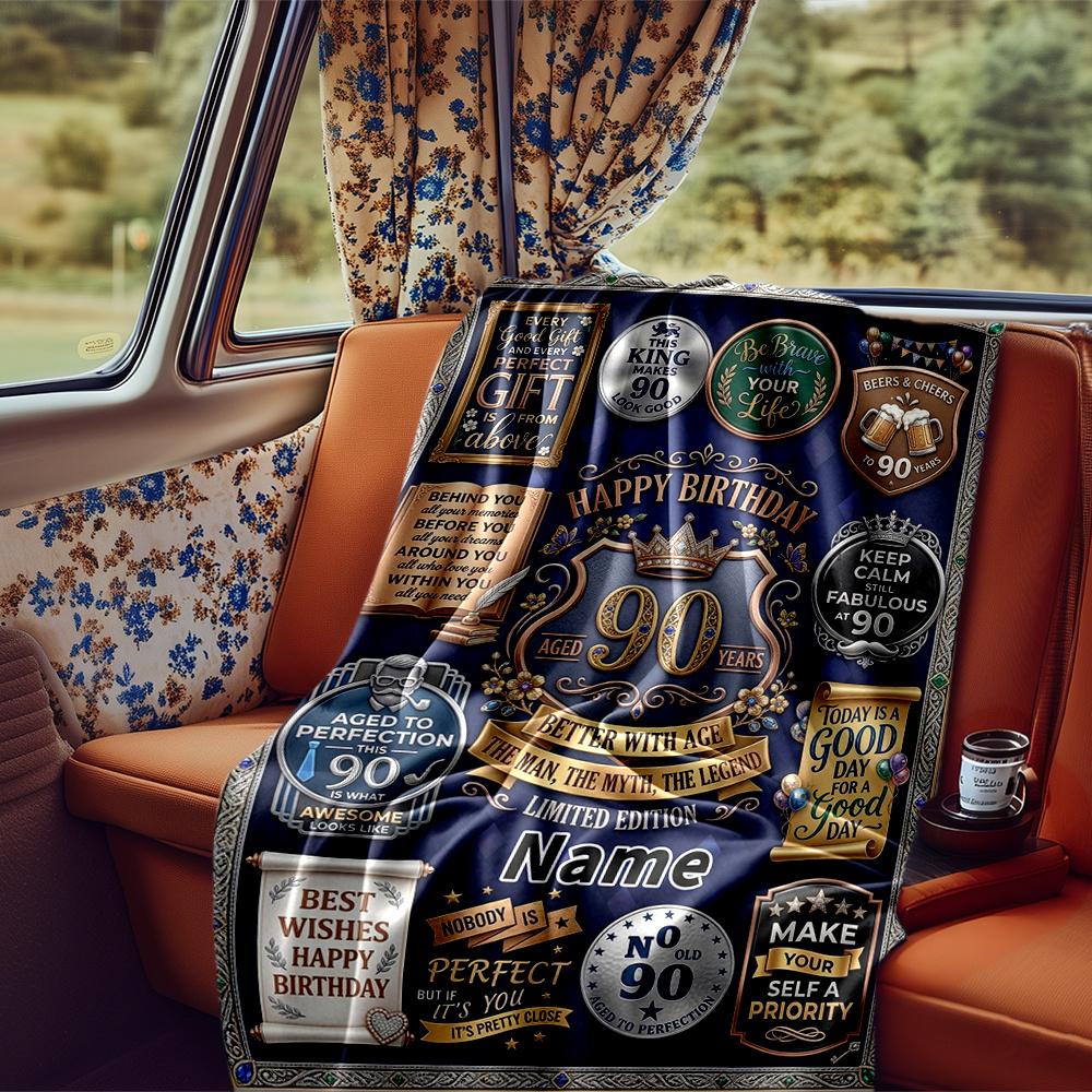 Elegant 90Th Birthday Celebration Poster Design Blanket Personalized Name Soft Comfortable Stylish Blanket Car Blanket Perfect For Travel Camping