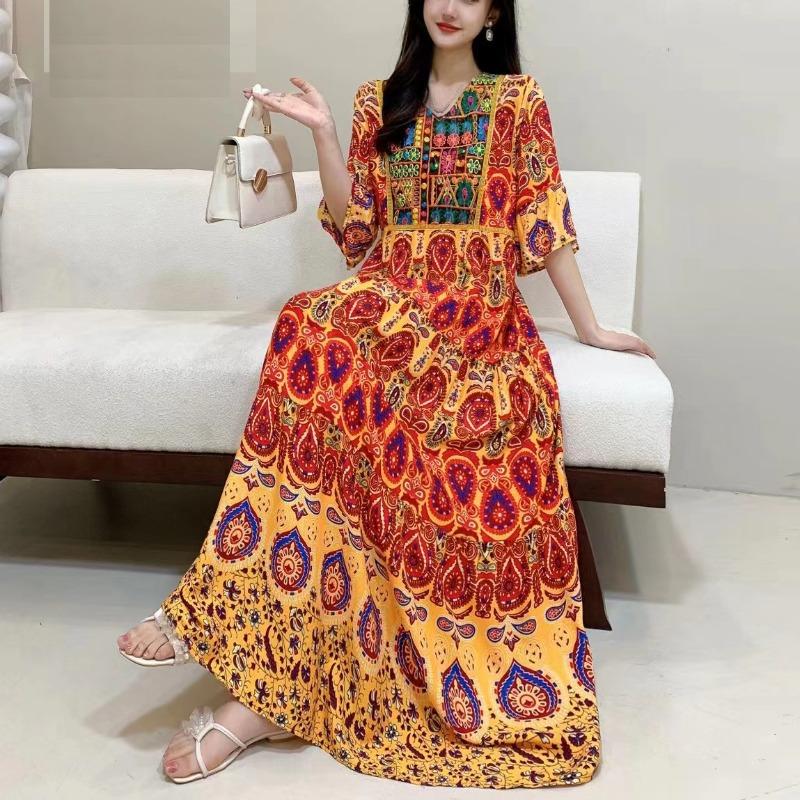 Rochie de vară pentru femei în stil etnic brodat, rochie de plajă cu flori din mătase din bumbac, în stil clasic, pentru vacanță turistică