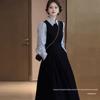 Conjunto de Vestido Camisa Largo de Algodón Azul Marino y Negro para Mujer Estilo Hepburn Francés Otoño