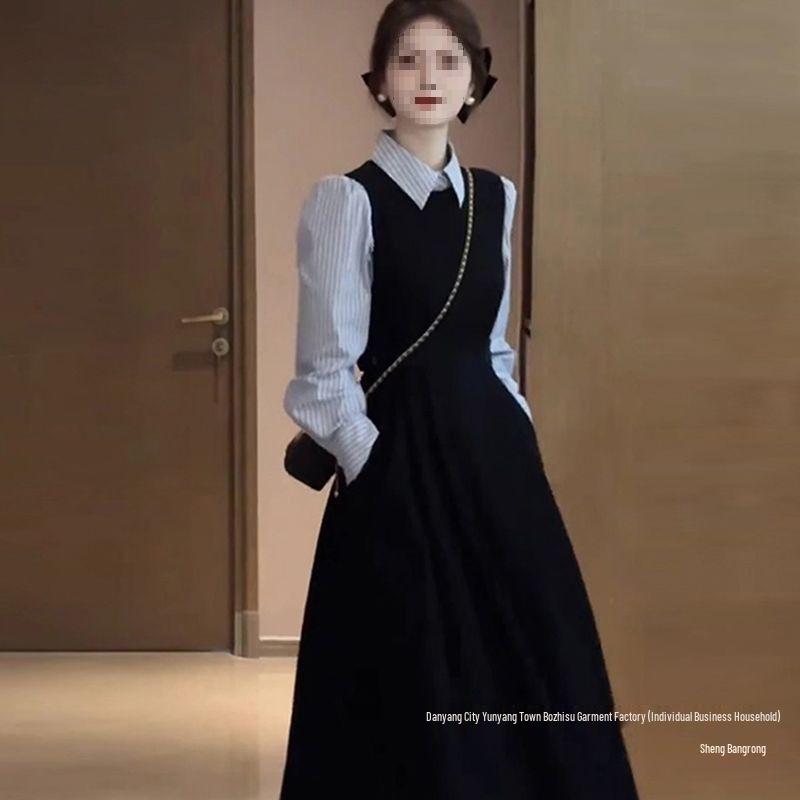Conjunto de Vestido Camisa Largo de Algodón Azul Marino y Negro para Mujer Estilo Hepburn Francés Otoño