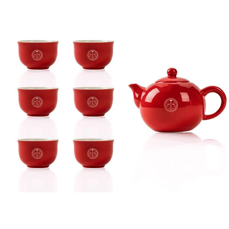 "Traditional Chinese Wedding Tea Ceremony Set - Red Double Happiness Tea Cups with Golden Tray, Bridal Dowry Gift for Newlyweds