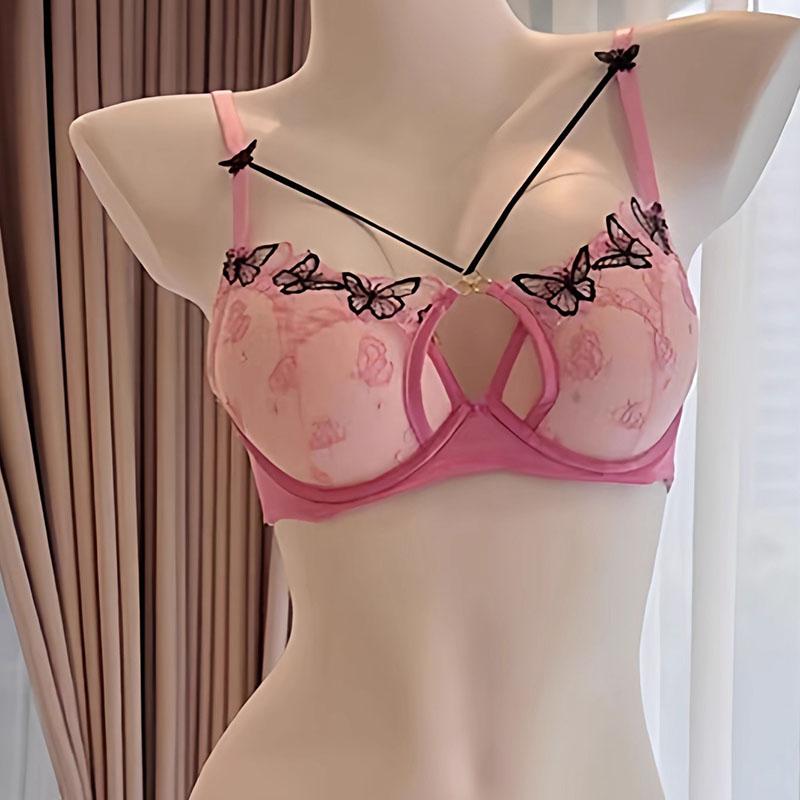Spring/Summer Sexy Sweetheart Black Butterfly Embroidered Pink Bra With Steel Rim, Thickened For Small Breasts, Women Bra Set