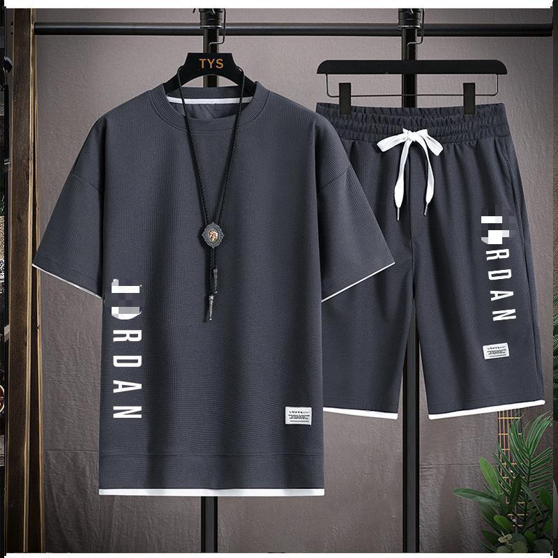 Men's Waffle Knit Short-Sleeve T-Shirt & Shorts Set, Casual Summer Sportswear