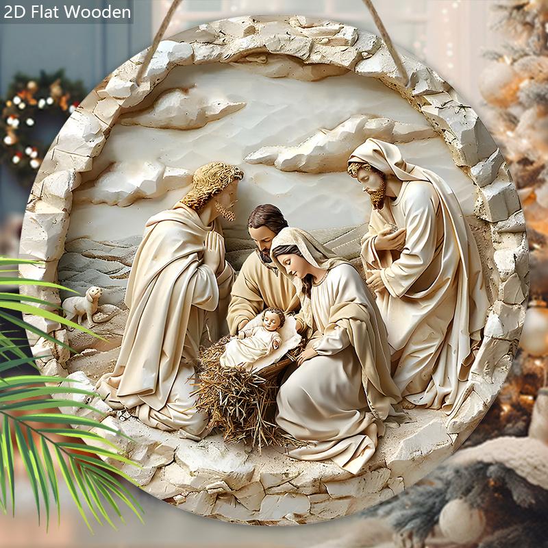 Nativity Scene Wooden Sign, The Son of God Round Sign for Front Door Wall Hanging Decor, Ideal Christmas Ornament