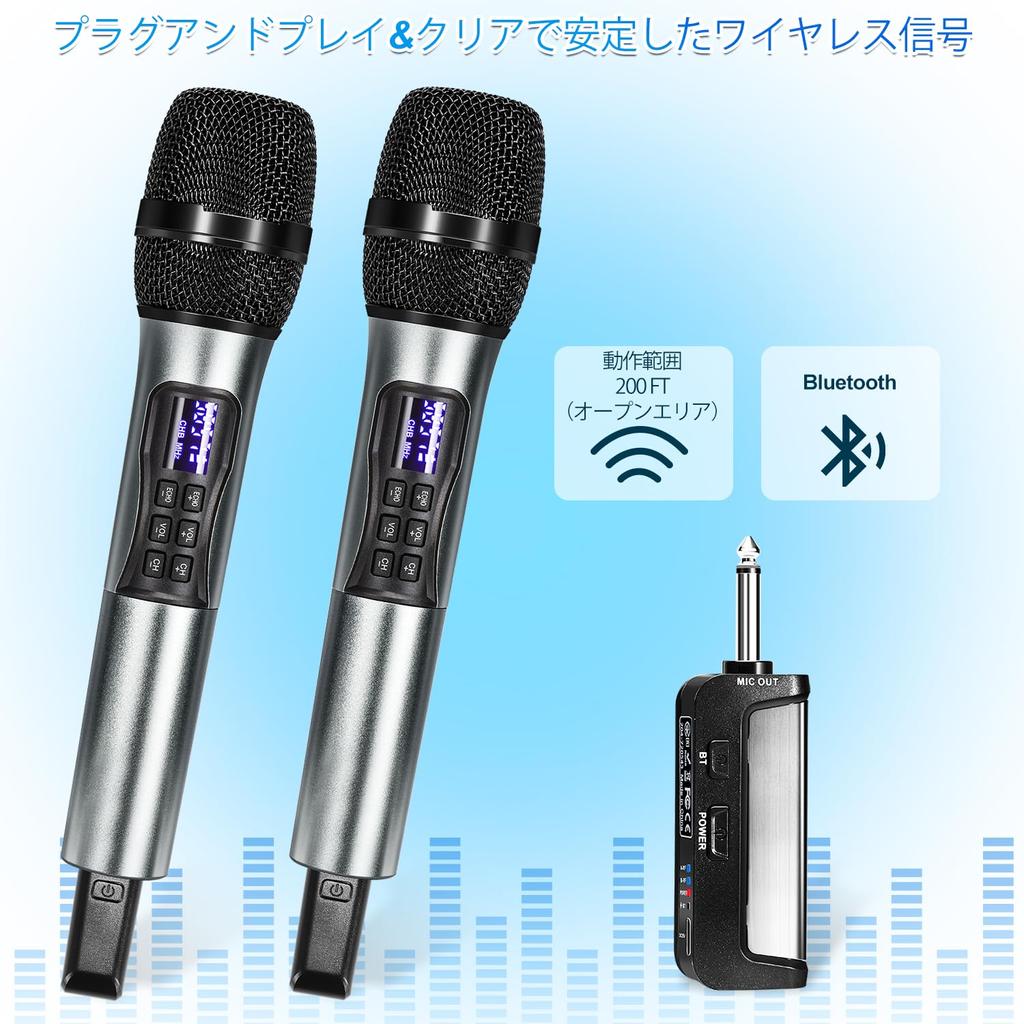 Kithouse Microfone sem fio Bluetooth Karaokê Microfone Conjunto de 2 LED Display Operado por bateria UHF 10 canais Microfone dinâmico Receptor Portátil
