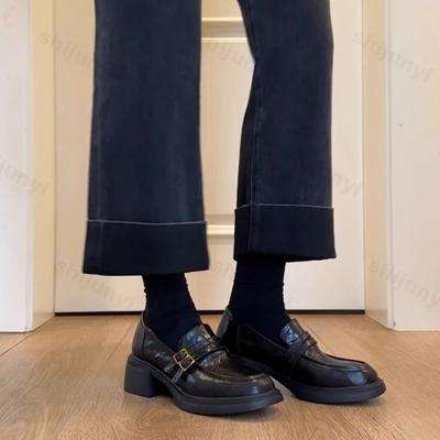 Damen Plateau-Loafer Frühling Herbst Zum Hineinschlüpfen Vintage Klobige Lederschuhe Mode Schnallenriemen Höhenverstellbar Mittlerer Absatzschuhe