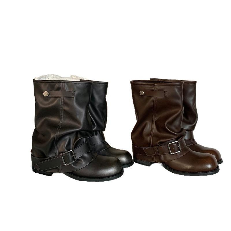 Hottie Pants Boots Fashion Wasteland Wind Pleated Buckle Western Boots Women's Autumn Pile Boots