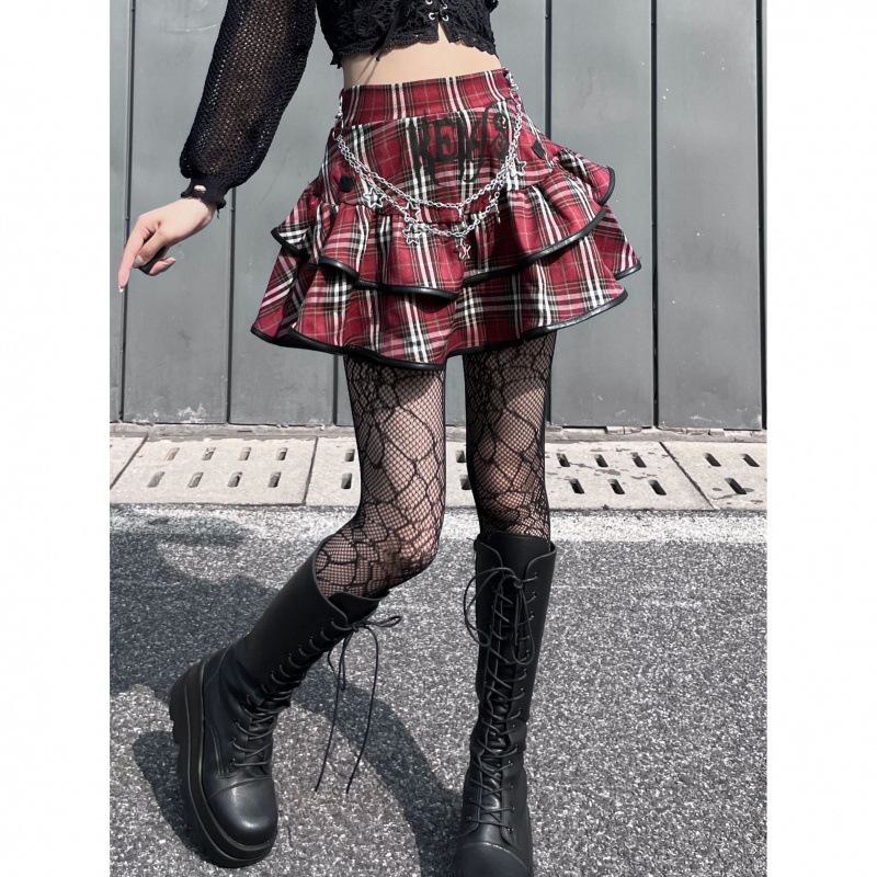 

«Miub юбка в клетку в стиле панк»: Юбка-трапеция с высокой талией и цепочкой Y2K Niche Cake