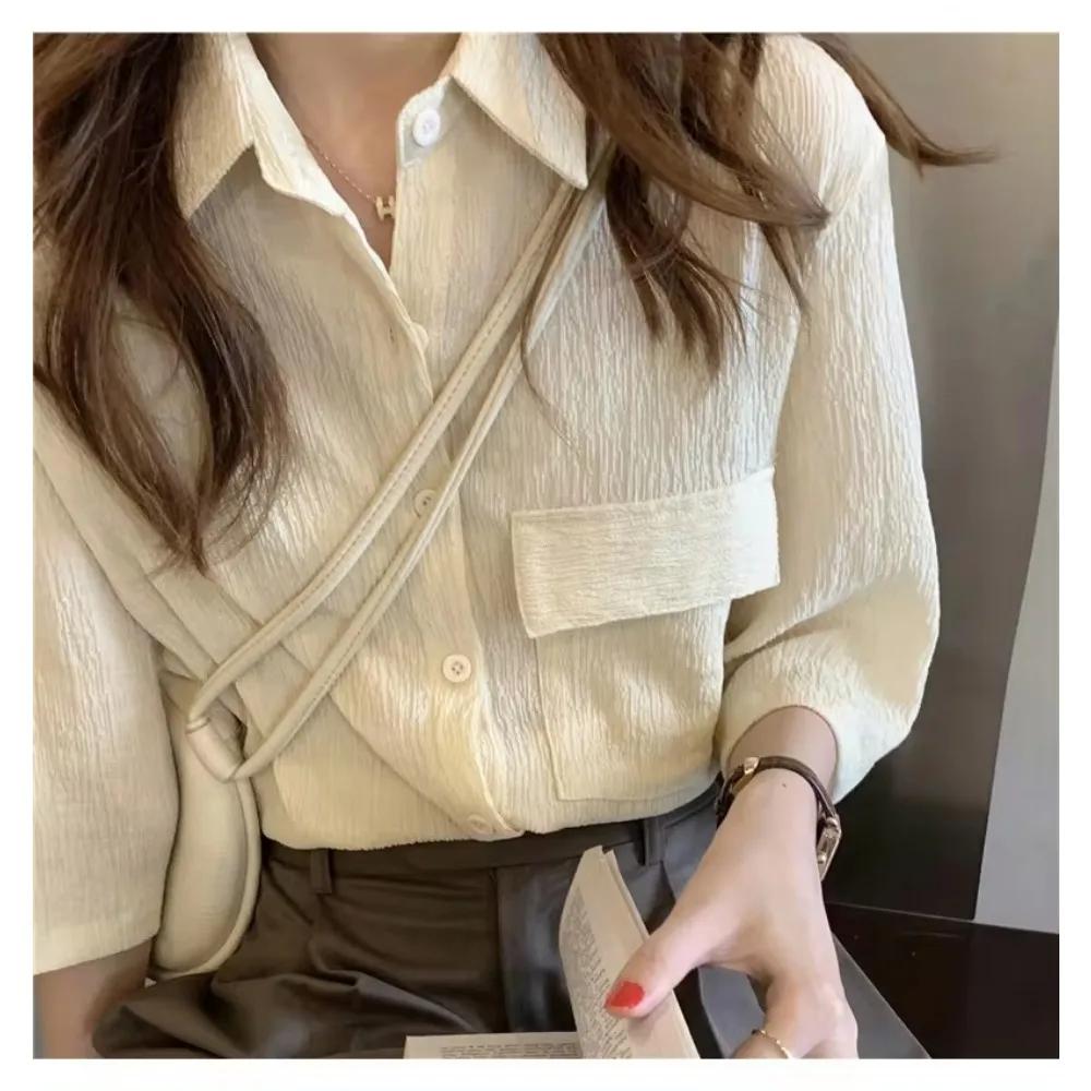 Summer  Retro One Pocket Loose Blouse Single-Breasted Round Neck Lace Clothing Design Sense Fold Shirts Top