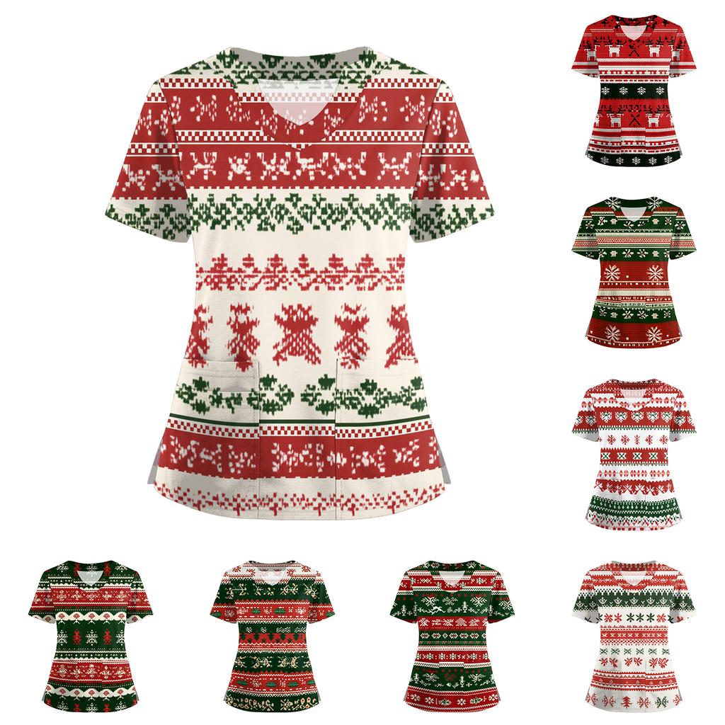 Women's Short Sleeved Christmas Printed V-neck Buttonable Side Slit Top T-shirt