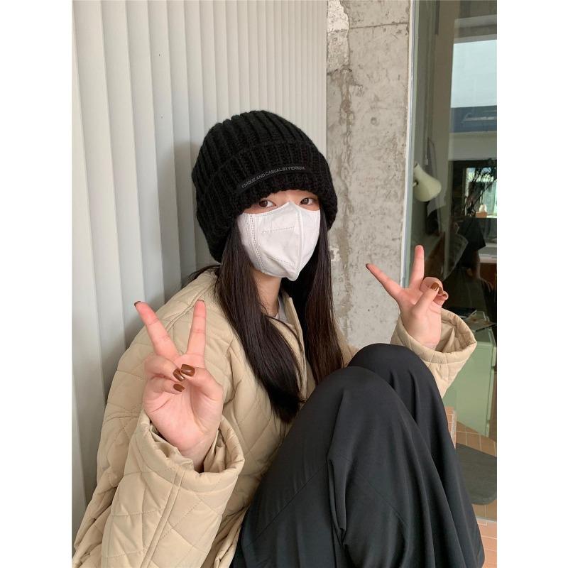 Hat Women's Autumn and Winter New Fashion Versatile Patch Big Head Circumference Thick Woolen Hat Showing Face Small Warm Knitted Hat Cold Hat