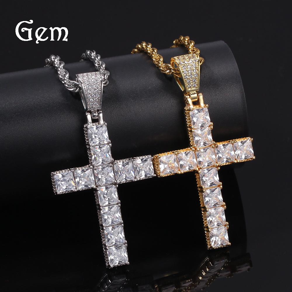 Zircon Cross Necklace: Hip Hop Punk Pendant for Men & Women Silver with 3mm*24inch Stainless Steel Cuban Chain