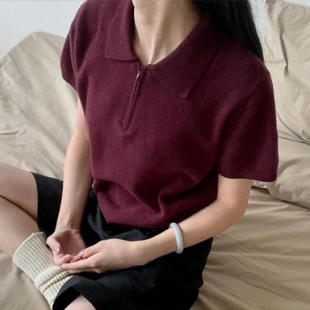 Spring Summer New Arrival Korean Simple and Versatile Polo Collar Short Sleeve Half Zip Knitted Sweater