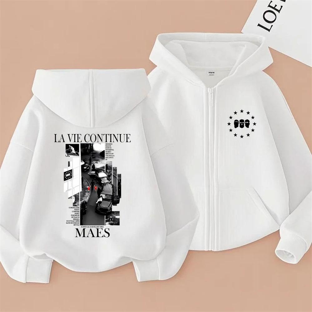 Rapper Maes La Vie Continue Album Graphic Zipper Hoodie Men Women Hip Hop Fashion Pop Music Hoodies Male Vintage Zip Up Jacket