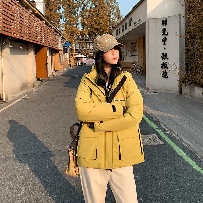 

Осень-зима, утепленная теплая парка, женская повседневная милая однотонная Свободная куртка с капюшоном и большим карманом, верхняя одежда M жёлтый