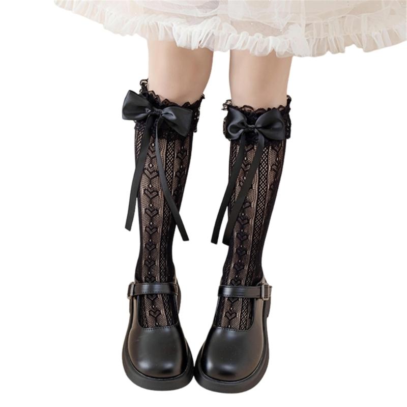 

Girls Knee Socks Bowknot Ribbon Socks Stockings for Girl Student 3-16 Year чёрный