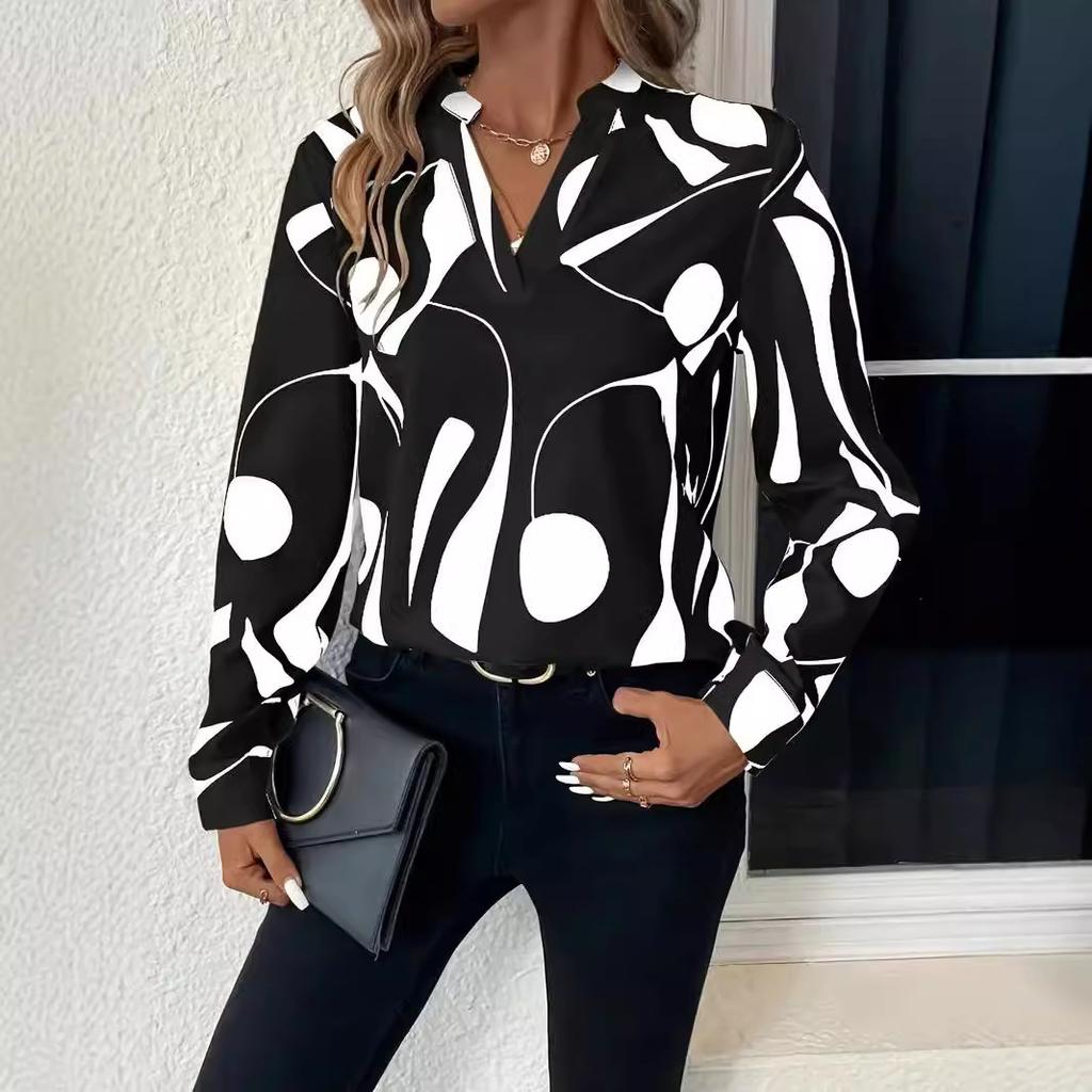 Women's Elegant V-Neck Shirt Casual Print Long Sleeve Shirt for Spring