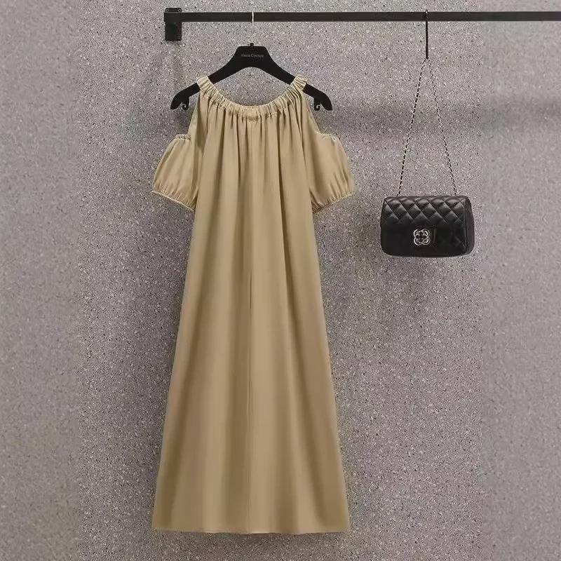Korean Off-Shoulder Plus Size Midi Dress - French Sweet Summer Style for Women