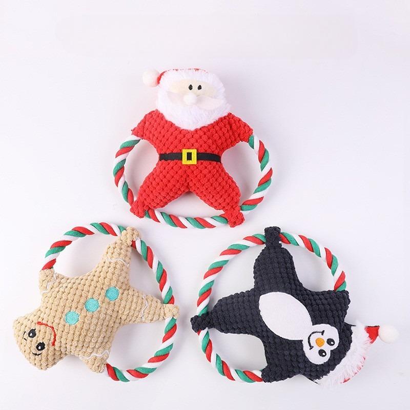Cute Animal Frisbee Rope Dog Toy Cute Plush Puppy Chew Pet Squeak Knot Toy Cartoon Christmas