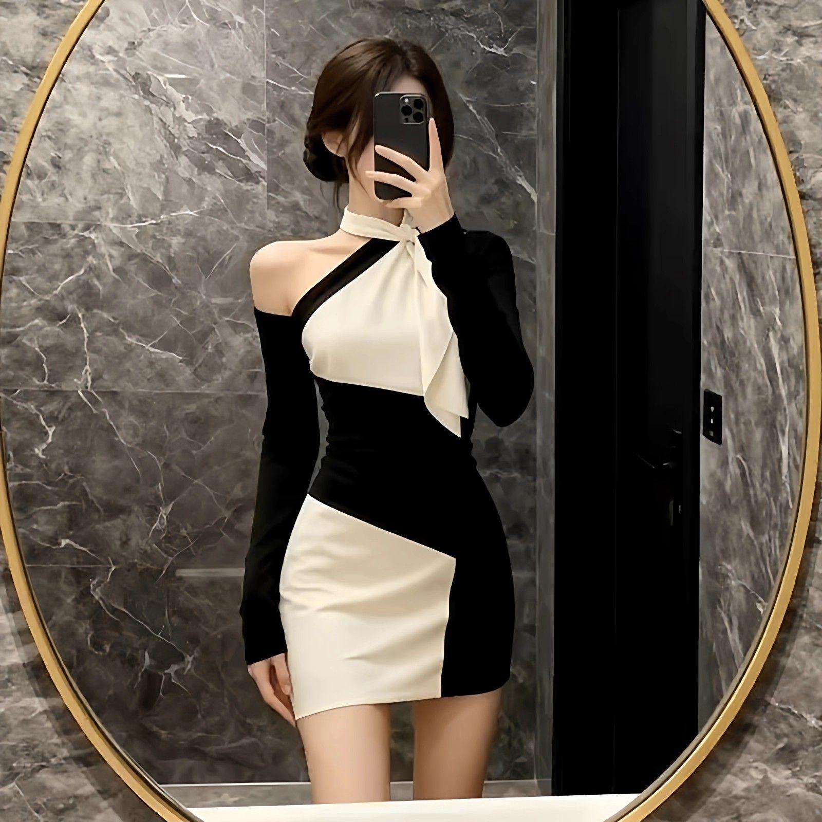

French Patchwork Off-Shoulder Asymmetrical Dress - Slim Fit, Long Sleeve, Waist-Cinched, Hip-Hugging Short Skirt for Women (Autumn/Winter). M [Recommended for 80-100 lbs]