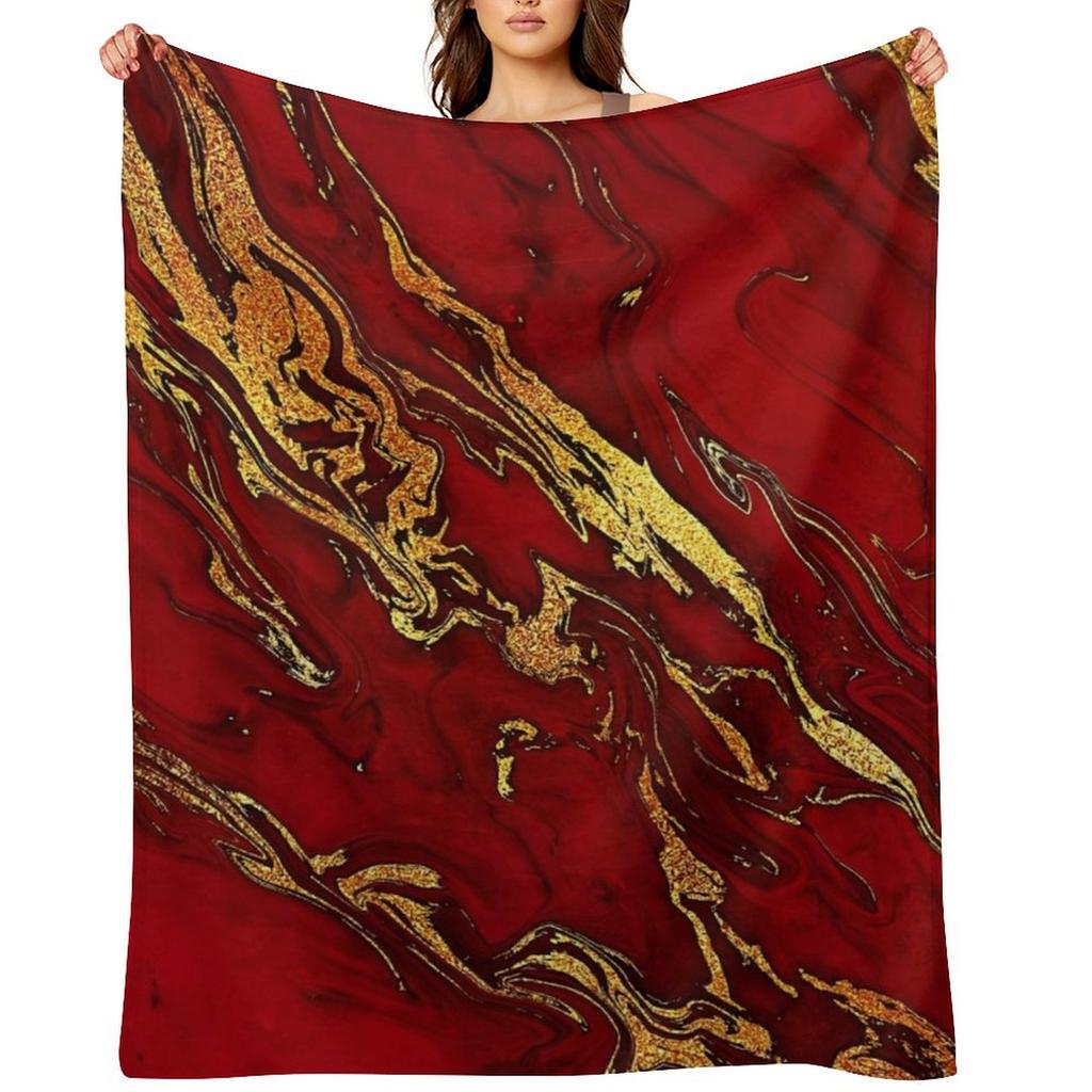 Faux Fire Red And Gold Marble Throw Blanket Luxury For Sofa Thin Loose Furrys Blankets