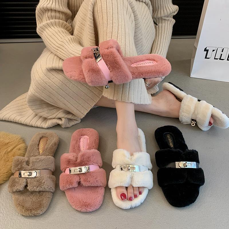 Beautiful High-end Fluffy Slippers Women's Outer Wear 2025 Autumn and Winter New French Fairy Wind Plush Flat-bottomed Cotton Slippers